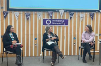 Three colleagues from Life Sciences during a panel on International Women's Day