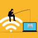 Graphic of a hooded man sitting on a WiFi symbol using a fishing rod to hook an email from a laptop