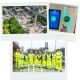 Three polaroid templates with different photos in them. 1) an aerial view of West Slope, 2) an EcoVend reverse vending machine, and 3) a group of colleagues in safety gear standing in a building construction site.